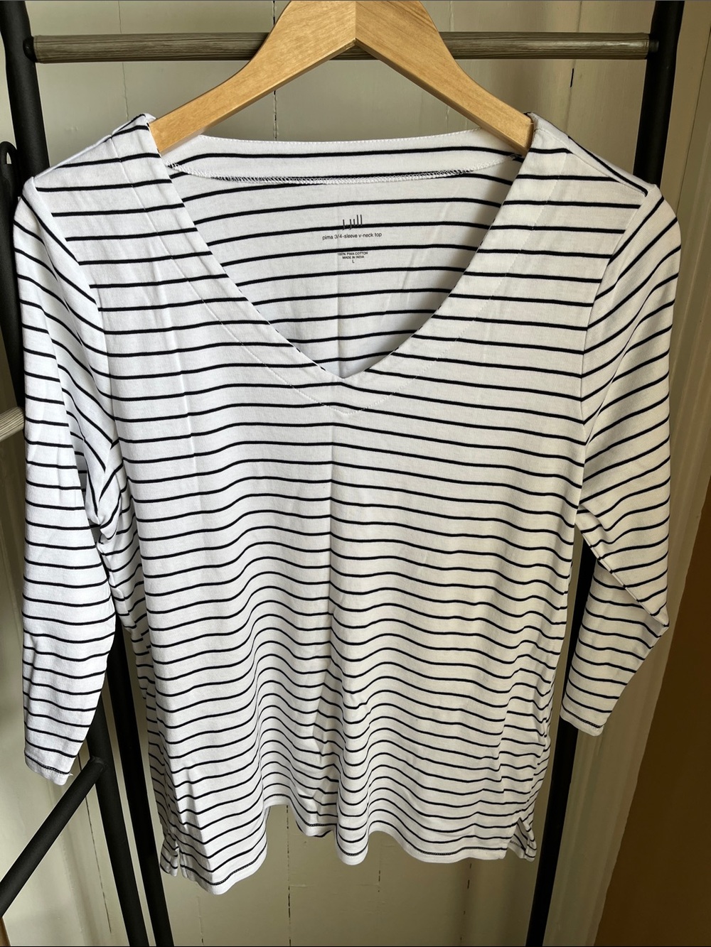 J. Jill White and Black Striped V-Neck 3/4 Sleeve Tee